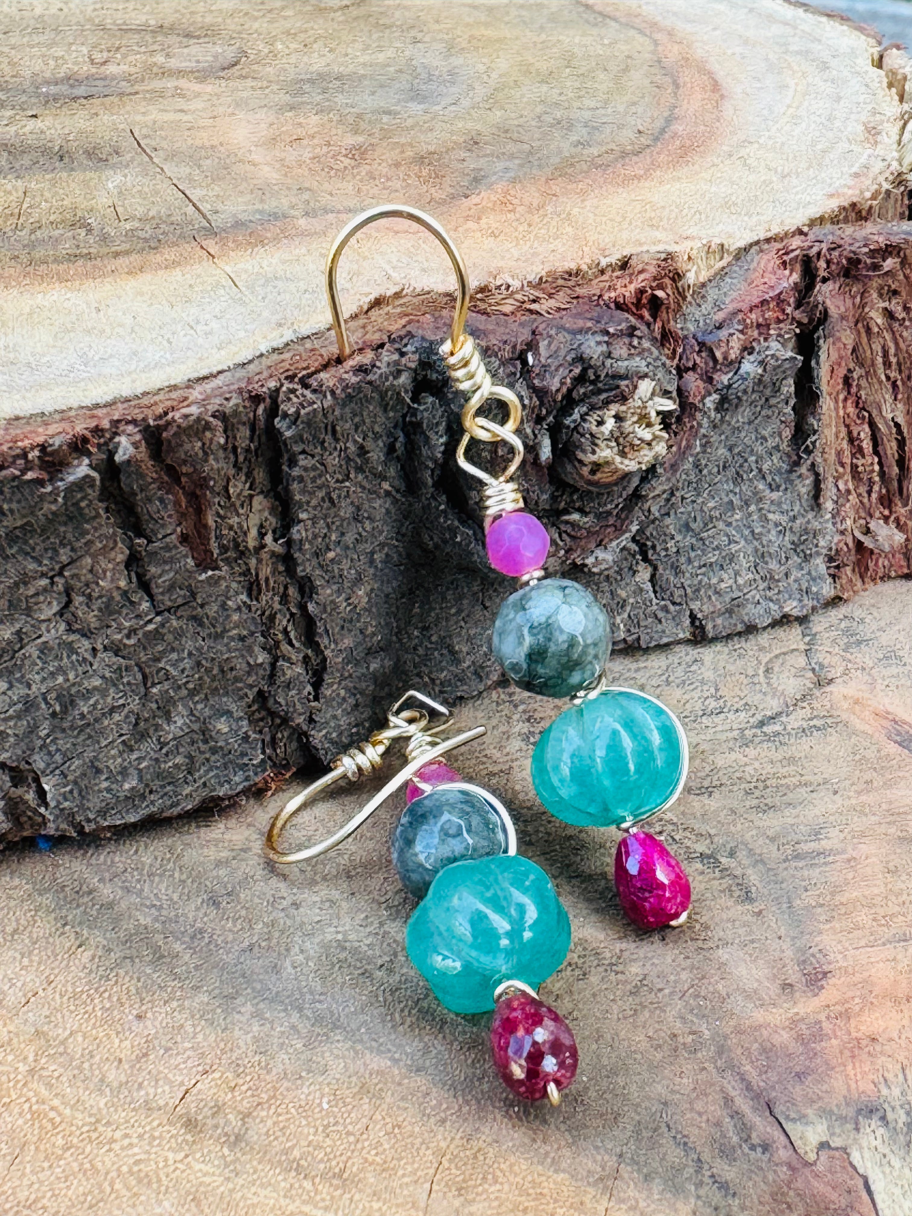 Grey Quartz & Ruby Dangles